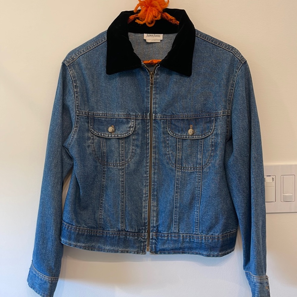 Neiman Marcus jean jacket with black velvet collar